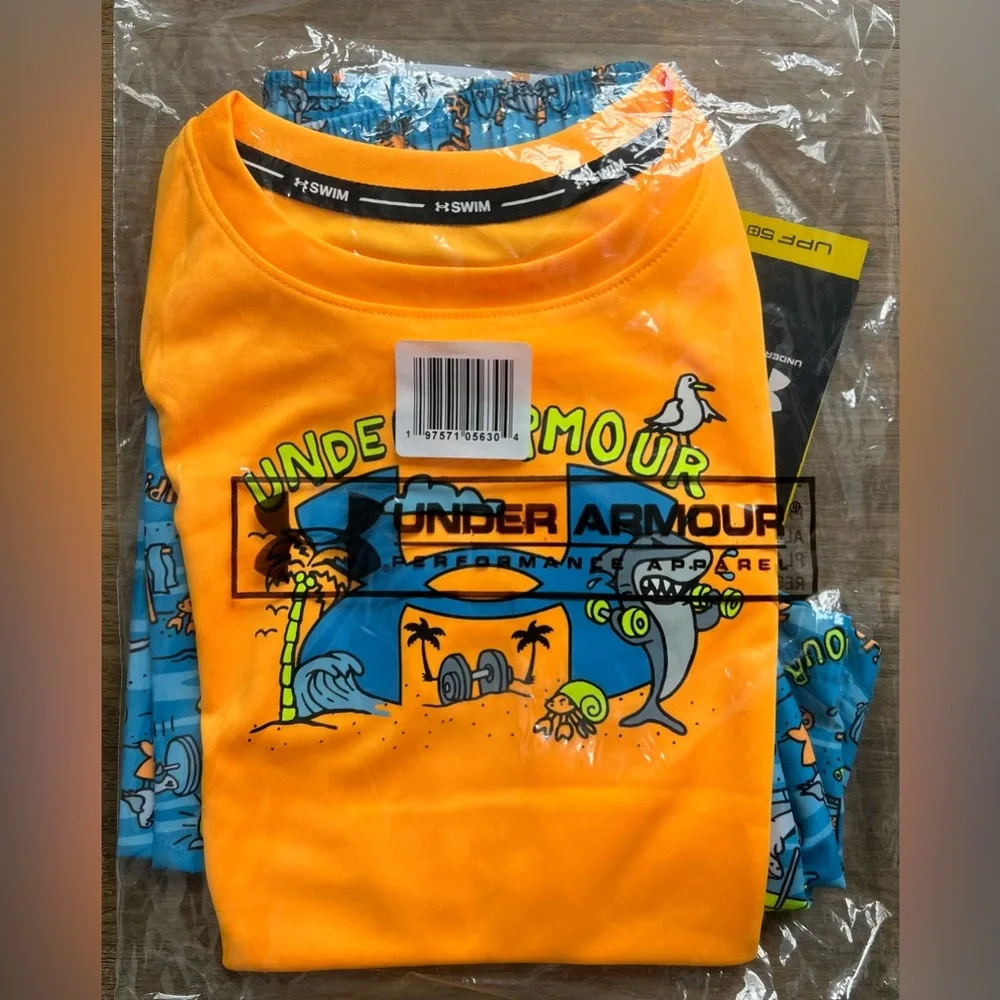 NEW Little Boy Under Armour Orange Rashguard & Blue Swim Trunks Set